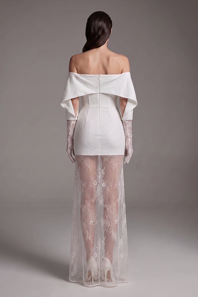 Off-Shoulder Lace Gloves Formal Dress in White