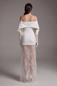 Off-Shoulder Lace Gloves Formal Dress in White