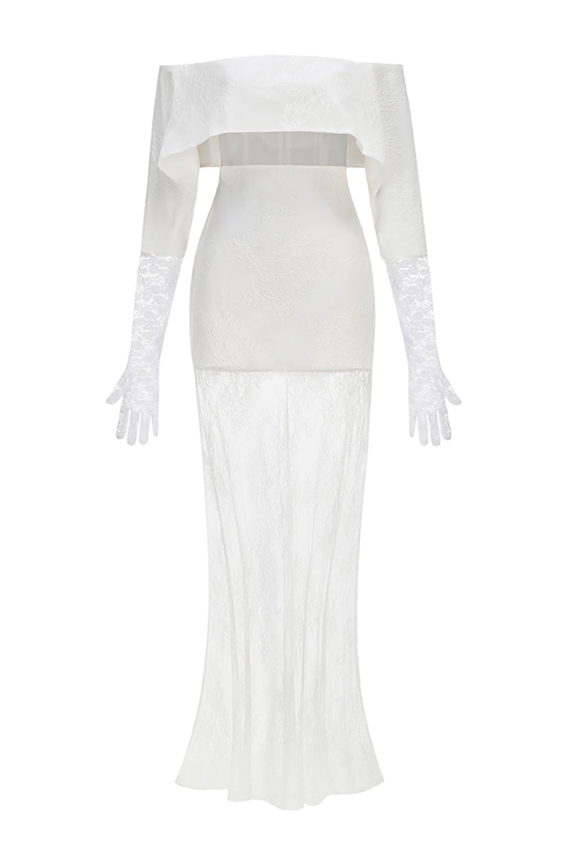 Off-Shoulder Lace Gloves Formal Dress in White
