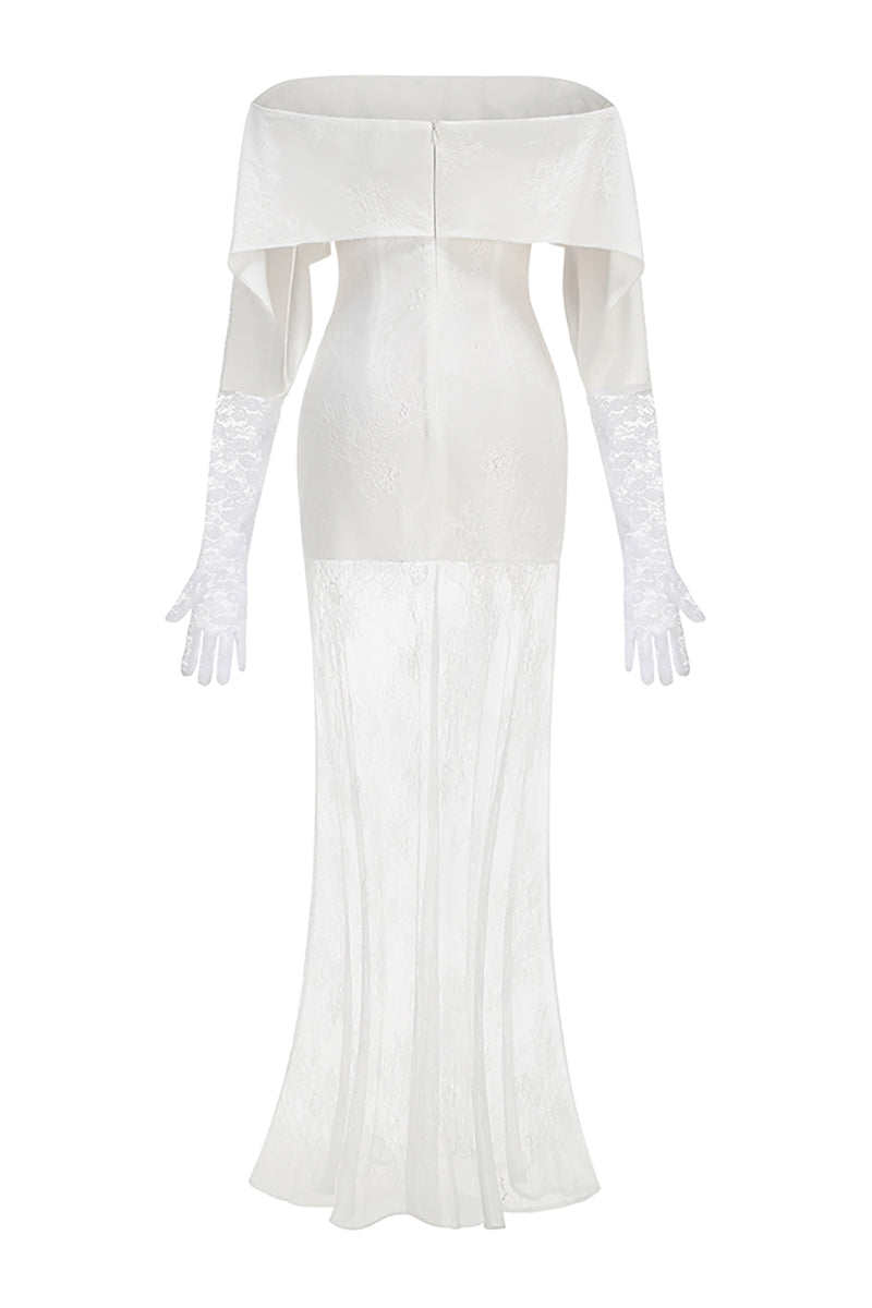 Off-Shoulder Lace Gloves Formal Dress in White
