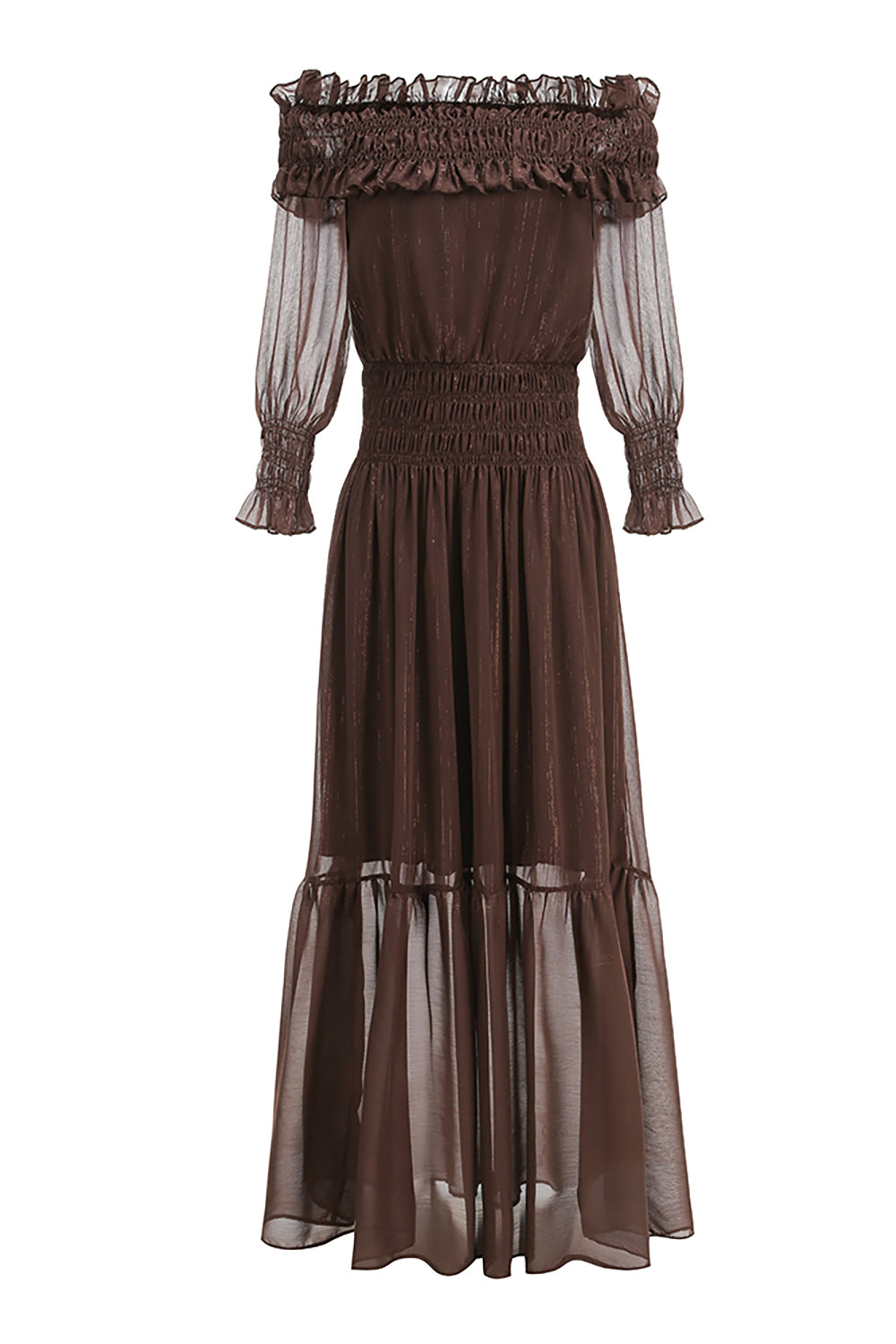Off-Shoulder Shirred Maxi Dress in Brown