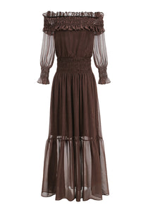 Off-Shoulder Shirred Maxi Dress in Brown