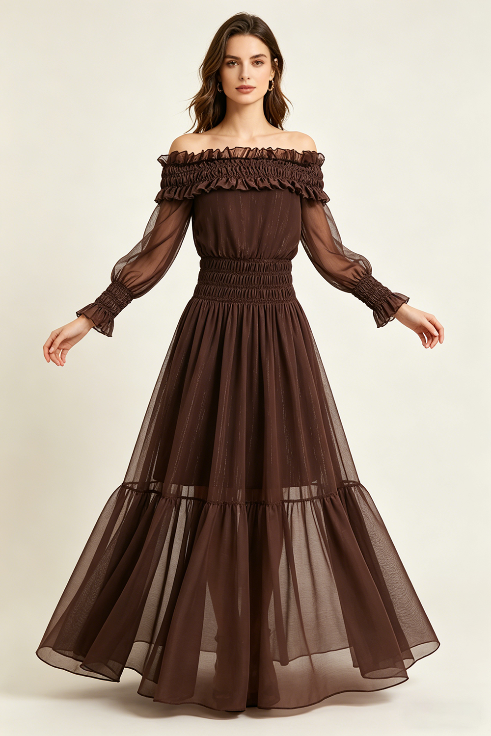 Off-Shoulder Shirred Maxi Dress in Brown