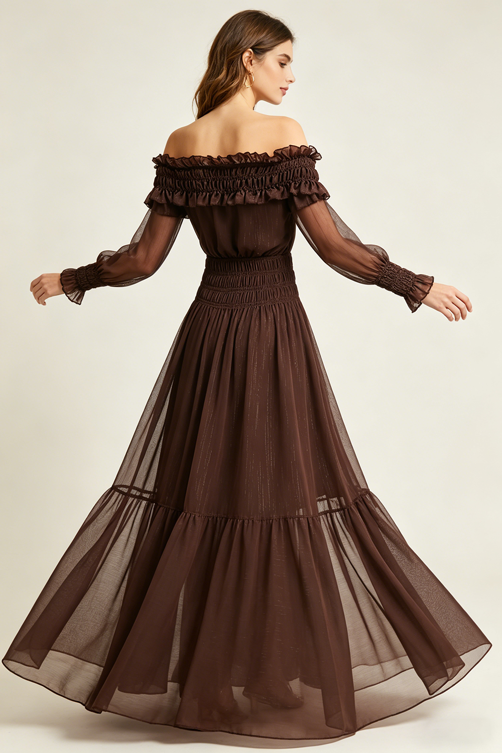 Off-Shoulder Shirred Maxi Dress in Brown