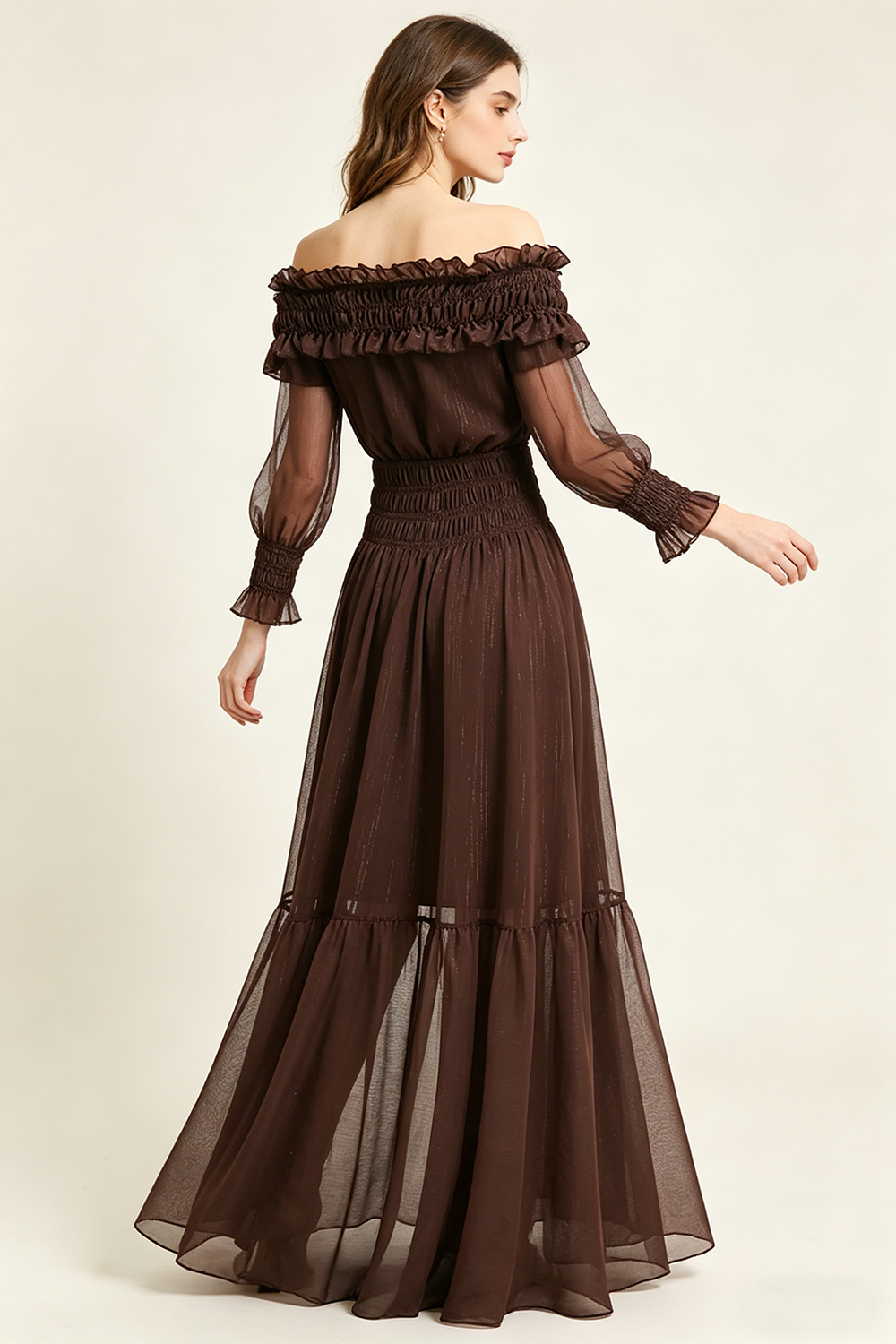 Off-Shoulder Shirred Maxi Dress in Brown