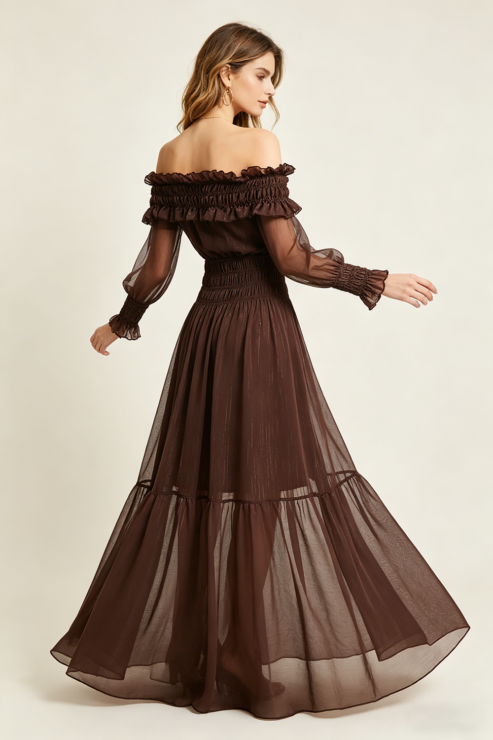 Off-Shoulder Shirred Maxi Dress in Brown