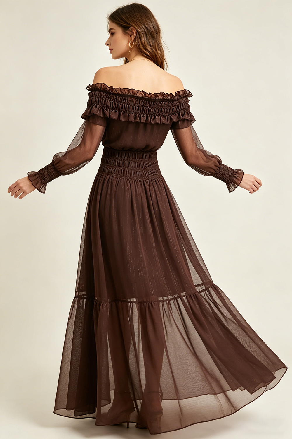 Off-Shoulder Shirred Maxi Dress in Brown