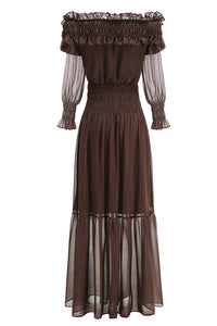 Off-Shoulder Shirred Maxi Dress in Brown