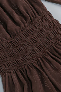 Off-Shoulder Shirred Maxi Dress in Brown