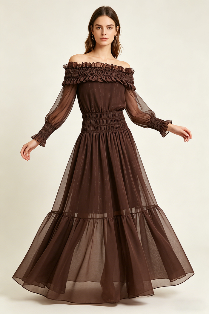 Off-Shoulder Shirred Maxi Dress in Brown