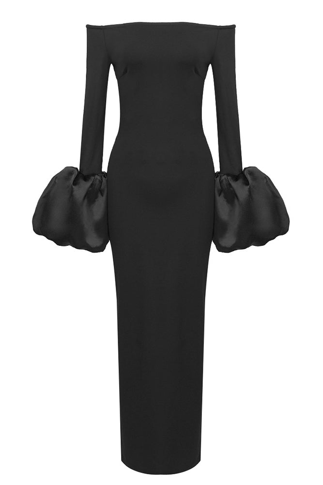 cartoon characters with black dress Sparkly Black Off-Shoulder Puff Sleeves Layers Long Prom Dress Black / US 10
