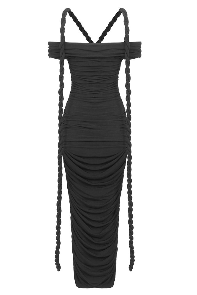 Off-shoulder Textured Slinky Maxi Dress