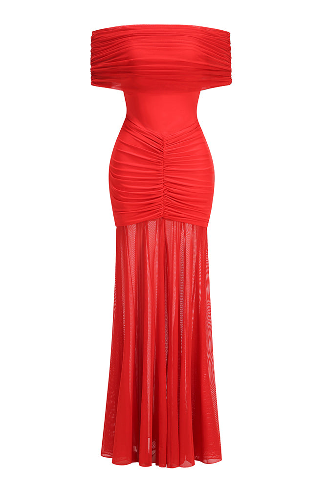 Off Shoulder Mesh Maxi Dress in Red