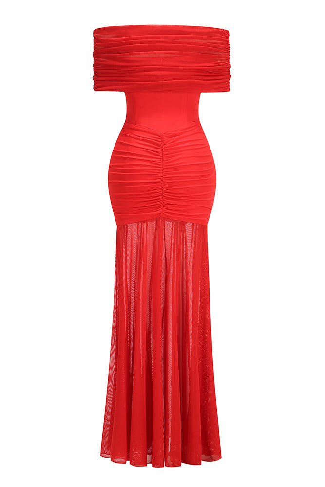 Off Shoulder Mesh Maxi Dress in Red
