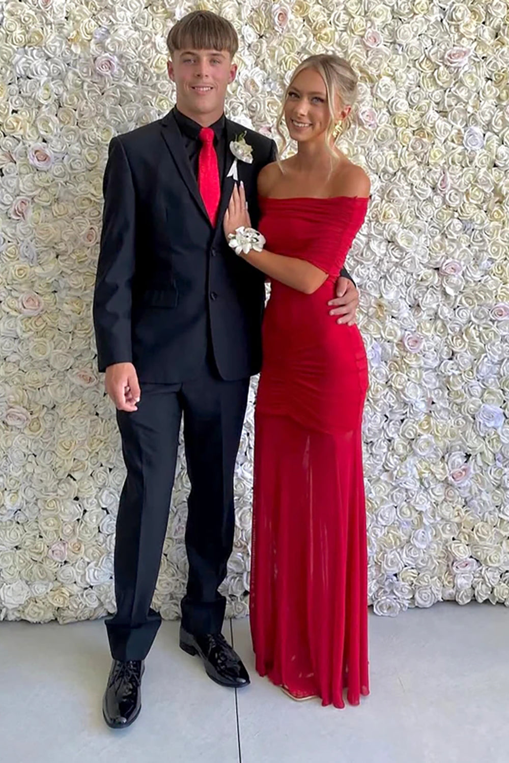 Off Shoulder Mesh Maxi Dress in Red