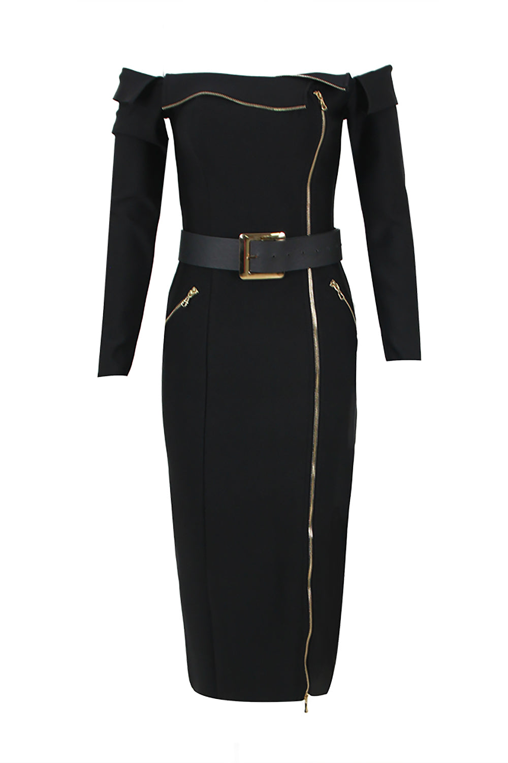Off Shoulder Zipper Deco Midi Long Bandage Dress With Belts CHICIDA Off Shoulder Zipper Deco Midi Long Bandage Dress With Belts CHICIDA