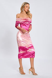 Off Shoulders Printed Midi Dress in Pink