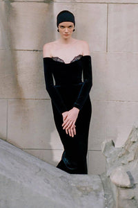 Off The Shoulder Farah Velvet Lace Midi Dress in Panthere Noire