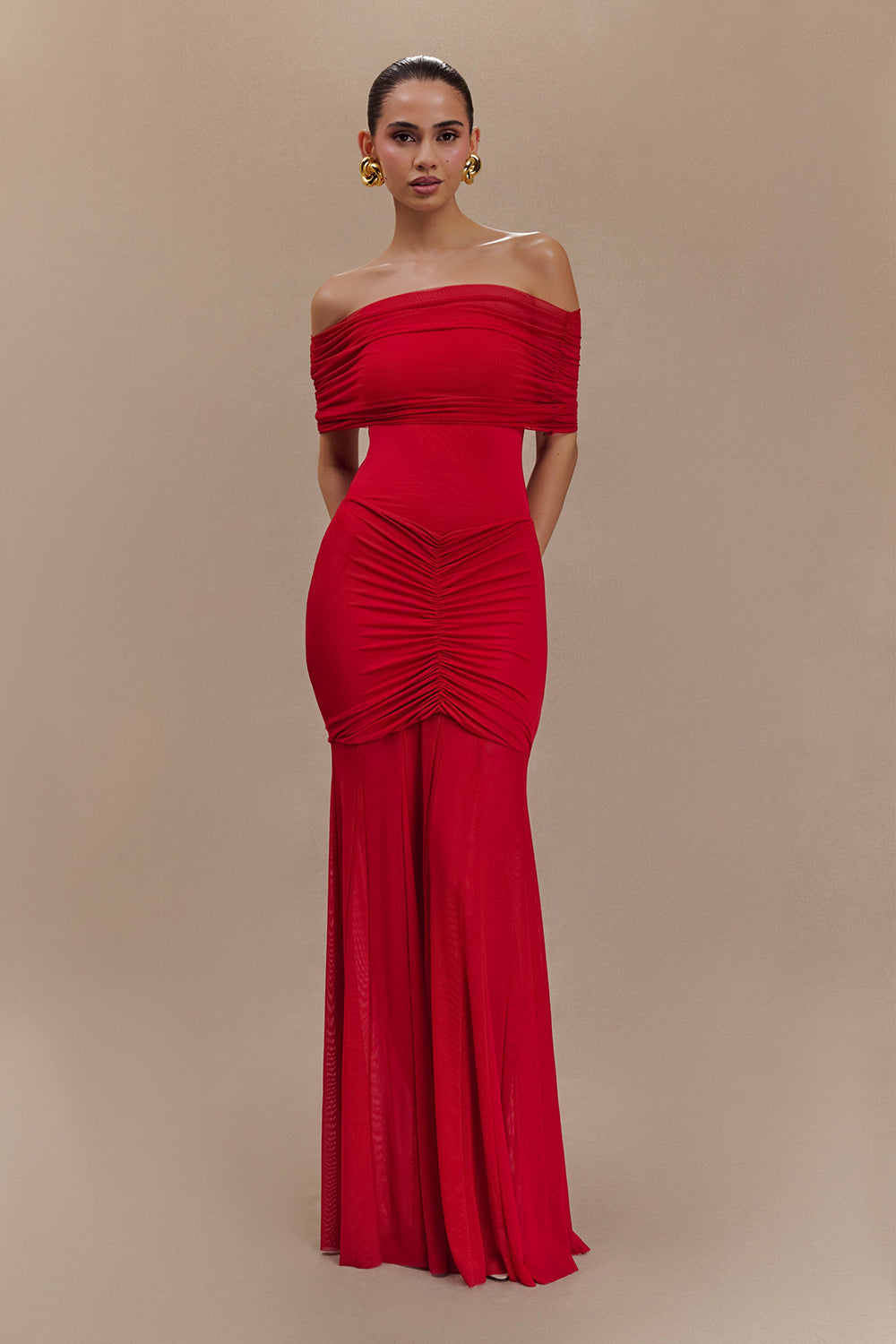 Off Shoulder Mesh Maxi Dress in Red
