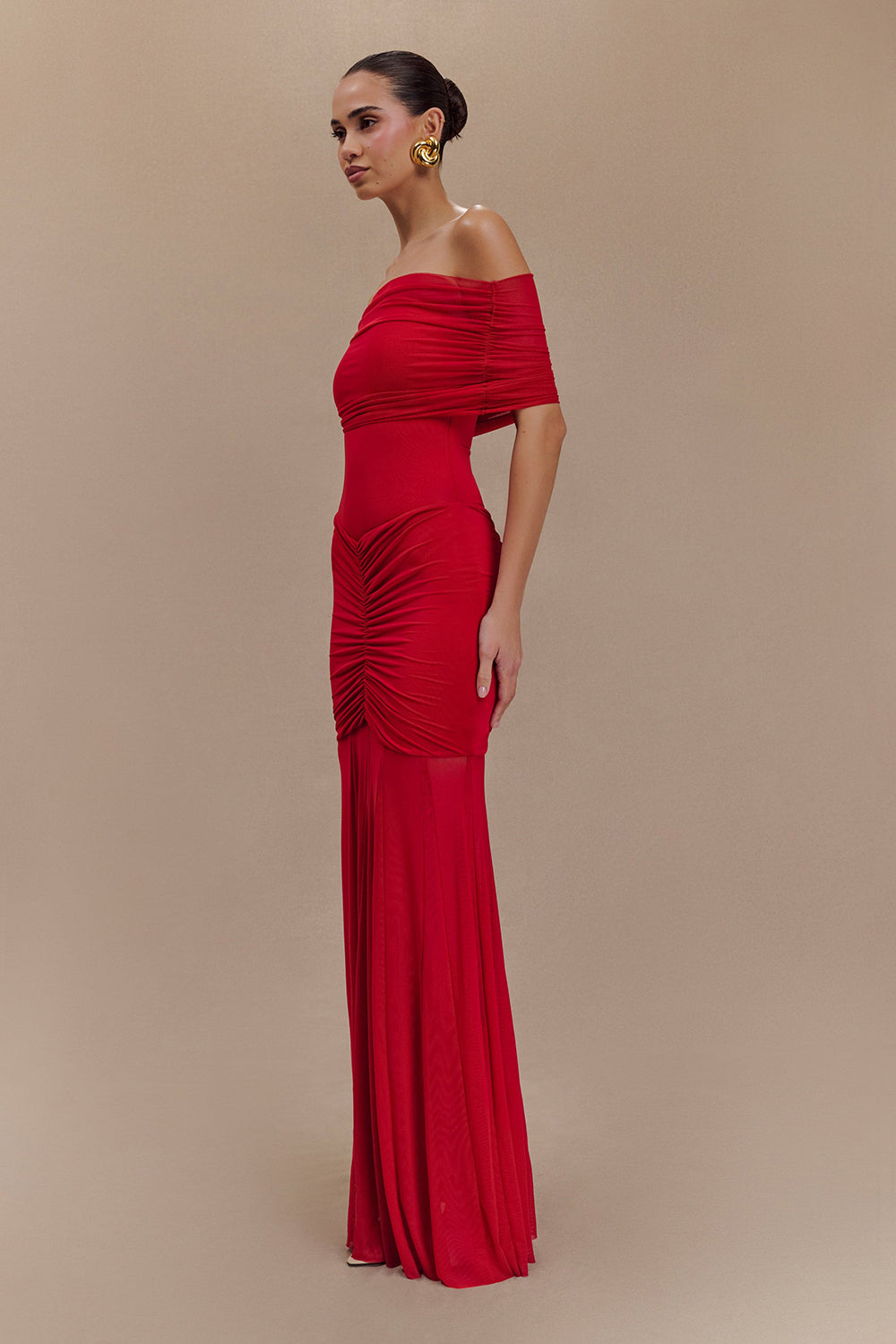 Off Shoulder Mesh Maxi Dress in Red