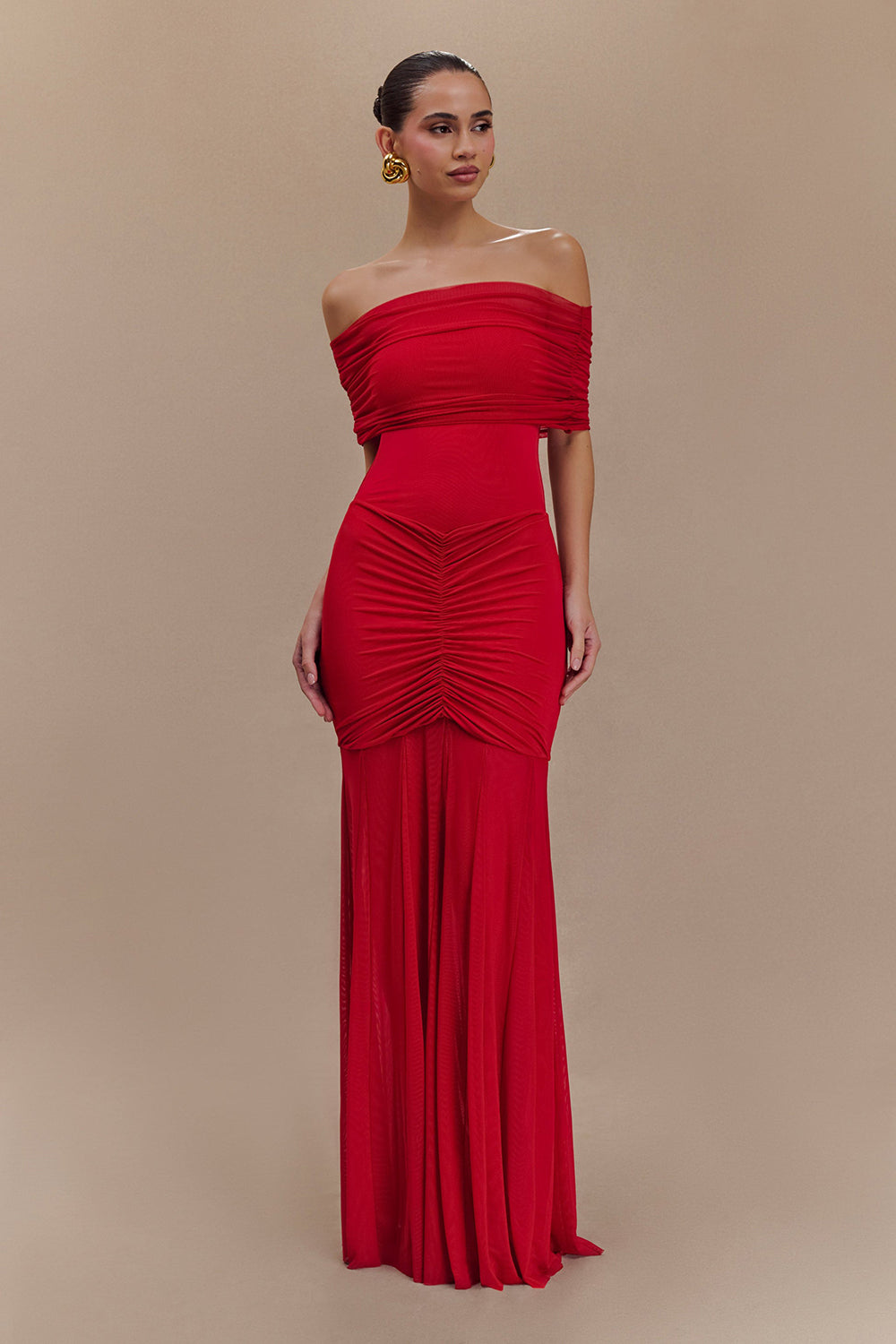 Off Shoulder Mesh Maxi Dress in Red