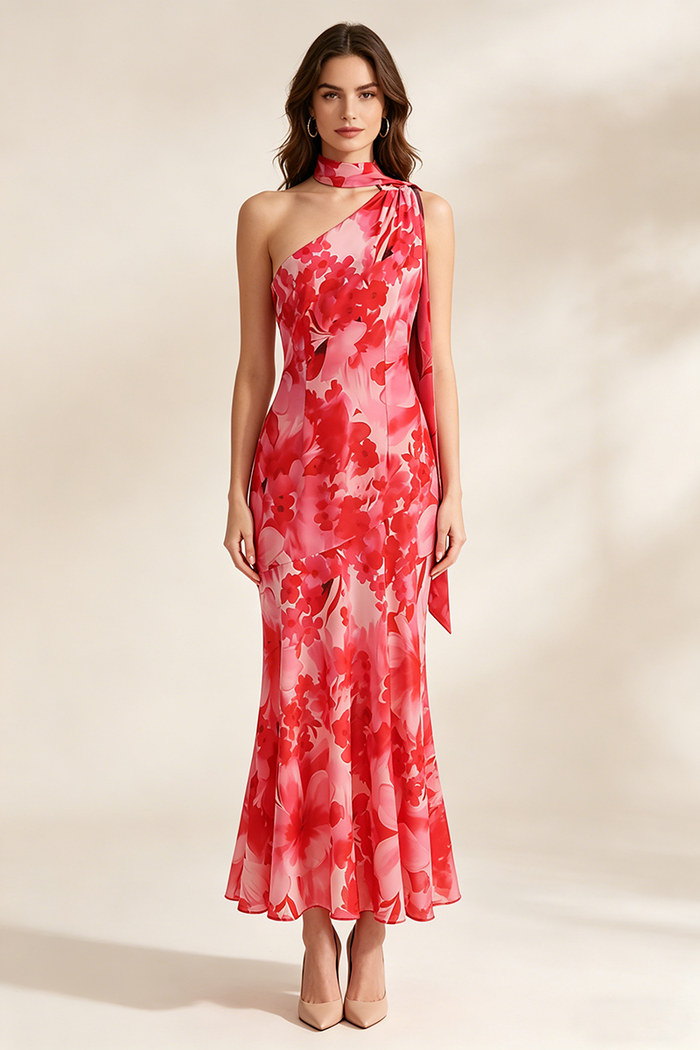 One-Shoulder Floral Mermaid Maxi Dress in Red