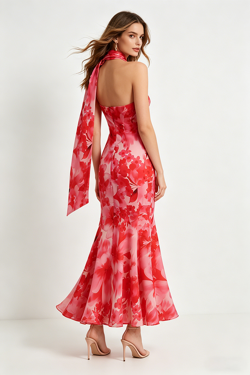 One-Shoulder Floral Mermaid Maxi Dress in Red