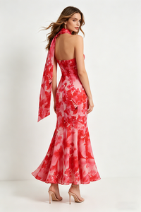 One-Shoulder Floral Mermaid Maxi Dress in Red