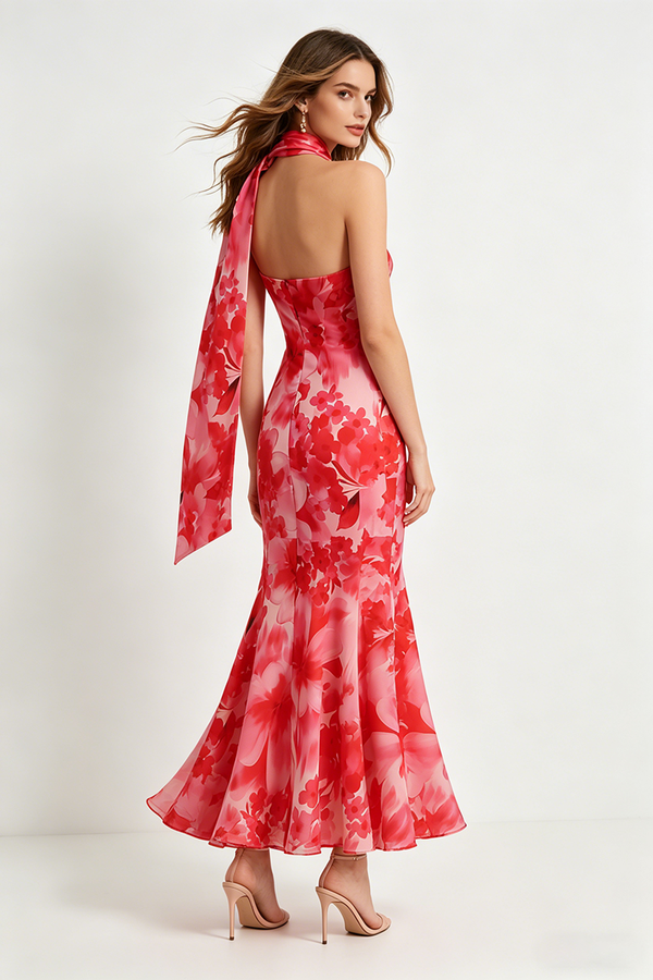 One-Shoulder Floral Mermaid Maxi Dress in Red