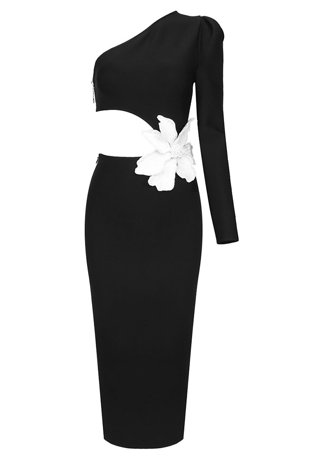 One-Shoulder Flower Applique Bandage Dress in Black – CHICIDA One-Shoulder Flower Applique Bandage Dress in Black – CHICIDA