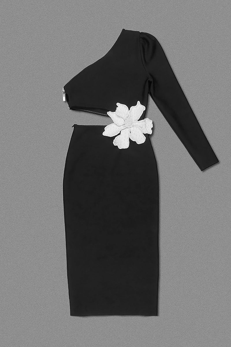 One-Shoulder Flower Applique Bandage Dress in Black
