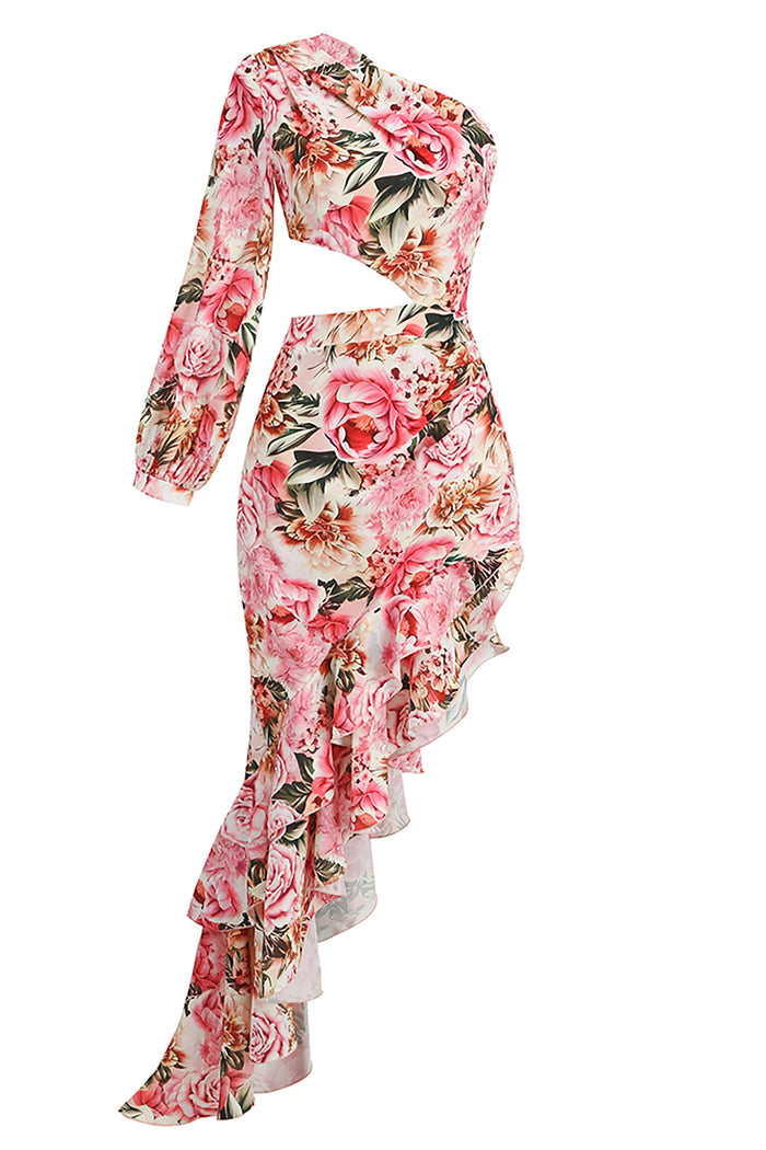 One-Shoulder Printed Ruffles Asymmetrical Maxi Dress