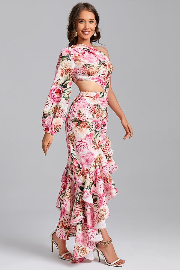 One-Shoulder Printed Ruffles Asymmetrical Maxi Dress