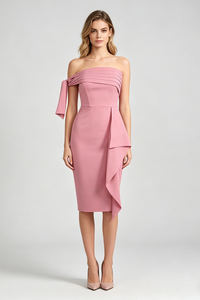 One Shoulder Bow Detail Midi Dress in Pink