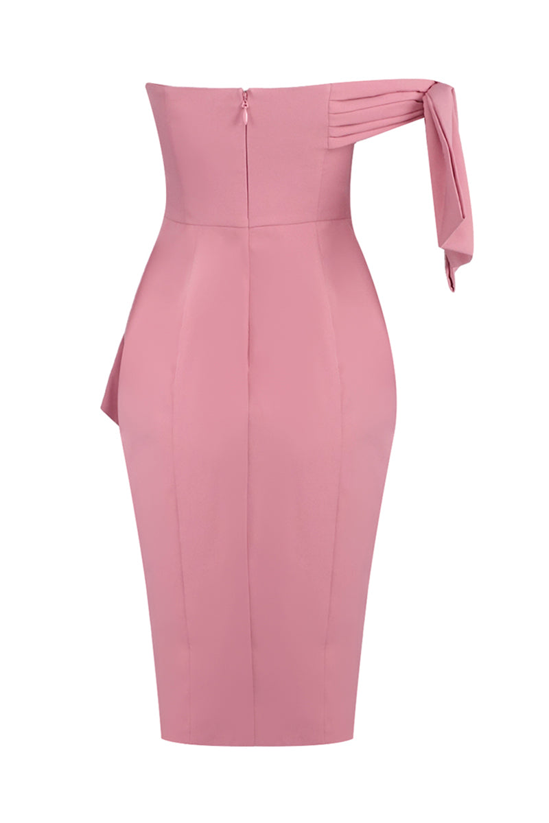 One Shoulder Bow Detail Midi Dress in Pink