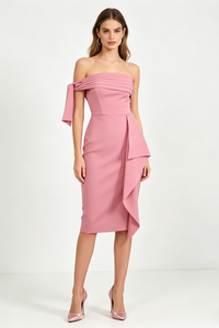One Shoulder Bow Detail Midi Dress in Pink