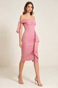 One Shoulder Bow Detail Midi Dress in Pink