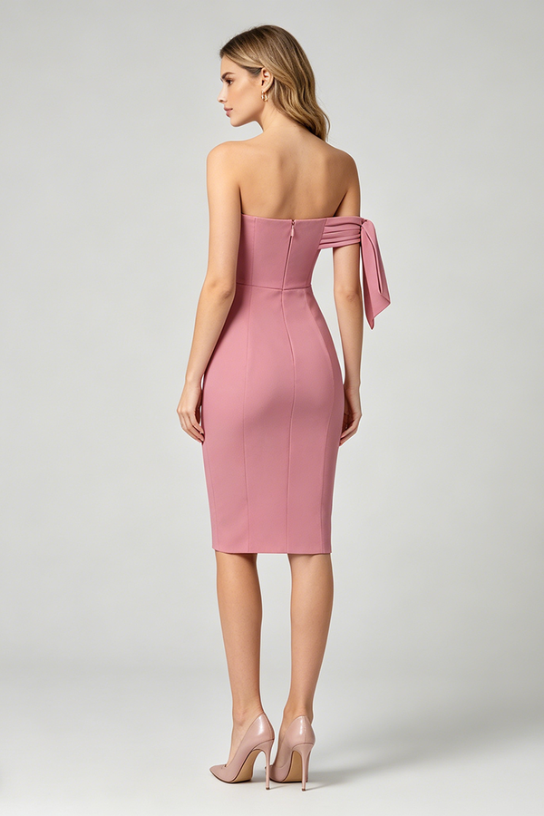 One Shoulder Bow Detail Midi Dress in Pink