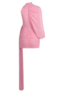 One Shoulder Draped Mini Dress in Pink