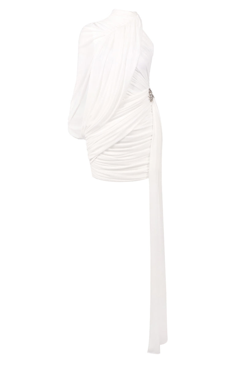 One Shoulder Draped Mini Dress in White