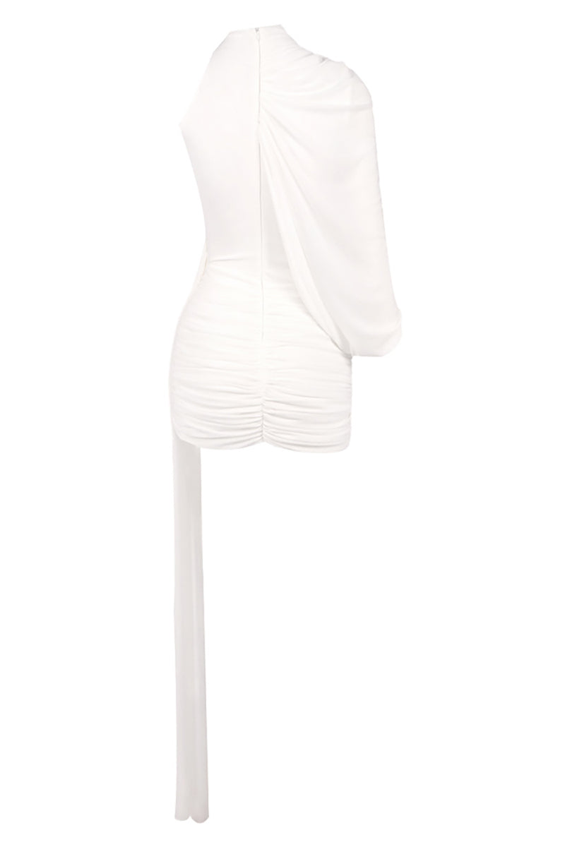 One Shoulder Draped Mini Dress in White