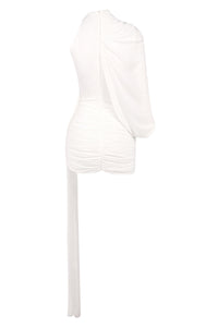 One Shoulder Draped Mini Dress in White