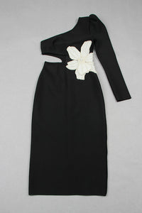 One Shoulder Floral Applique Maxi Bandage Dress