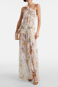 One Shoulder Floral Creponne Maxi Dress
