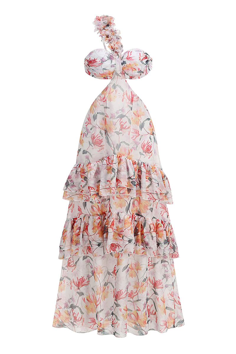 One Shoulder Flower Applique Beach Maxi Dress in Multi