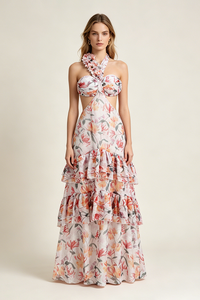 One Shoulder Flower Applique Beach Maxi Dress in Multi