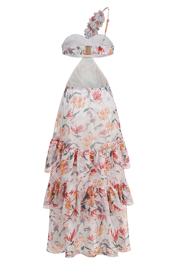 One Shoulder Flower Applique Beach Maxi Dress in Multi