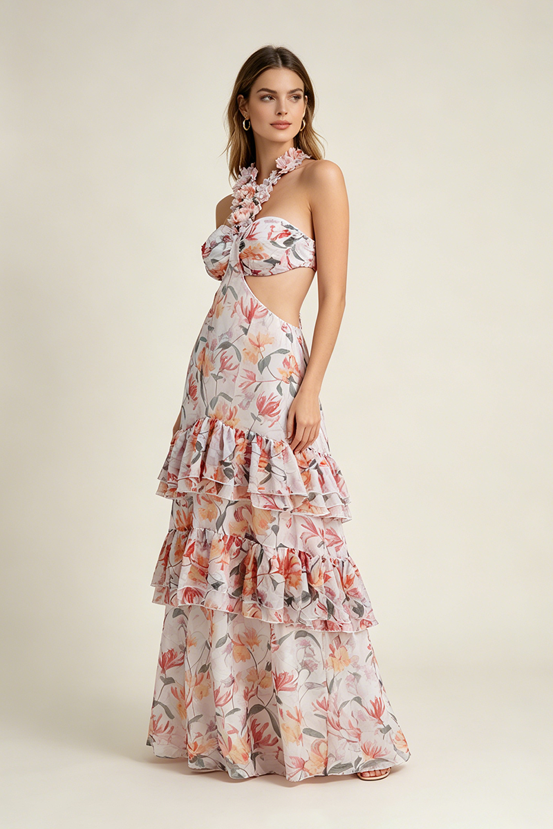 One Shoulder Flower Applique Beach Maxi Dress in Multi
