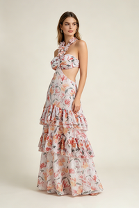 One Shoulder Flower Applique Beach Maxi Dress in Multi
