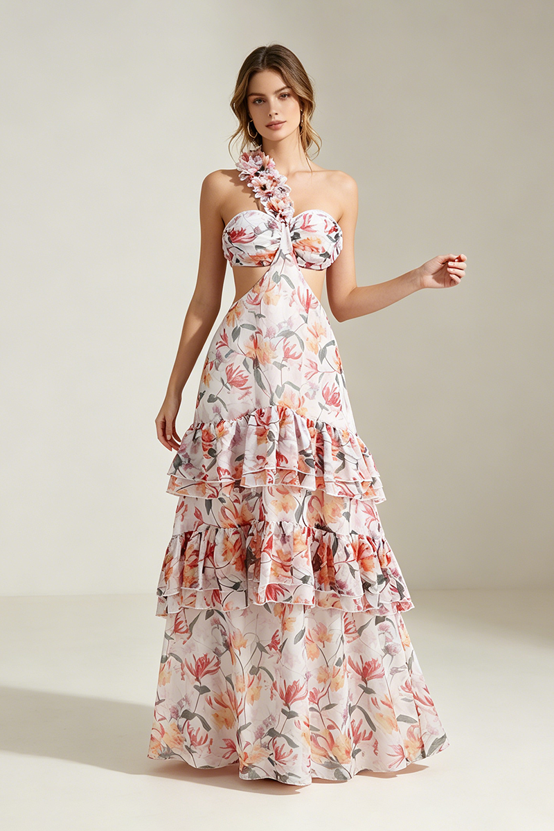 One Shoulder Flower Applique Beach Maxi Dress in Multi